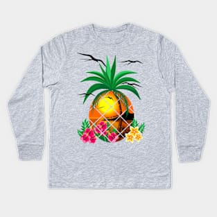 Pineapple Tropical Sunset, PalmTree and Flowers Kids Long Sleeve T-Shirt